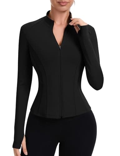 Image of IECCP Gym Tops for Women UK Sport Jacket Long Sleeve Running Shirts Workout Fitess Activewear Lightweight Moisture Wicking Yoga Tops with Thumb Hole and Zip Side Pocket Black XS