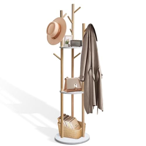 Image of SUNDOY 165CM Wooden Coat Rack Freestanding with 3 Shelves & 9 Hooks, Hall Tree Stand for Entryway, Bedroom, Hallway & Living Room, Coat Stand for Coats, Jackets, Hats
