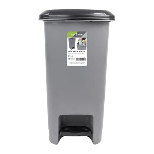 Image of JVL Slim Plastic Lidded Foot Pedal Waste Bin, 15L, Grey