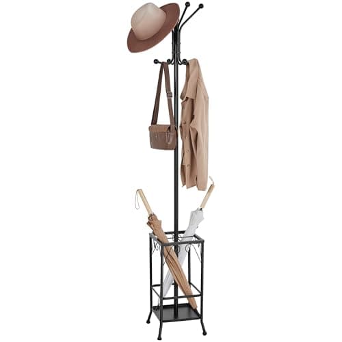 Image of Yaheetech Metal Coat Stand Hat Rack with Umbrella Holder, 186 cm Height Free Standing Coat Rack Stand, Coat Tree Hanger with 8 Hooks & Solid Base for living Room/Hallway, Black