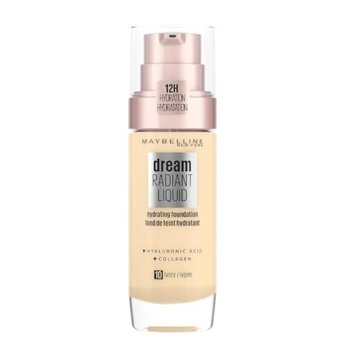 Image of Maybelline Foundation, Dream Radiant Liquid Hydrating Foundation with Hyaluronic Acid and Collagen, Lightweight, Medium Coverage Up to 12 Hour Hydration, 10 Ivory