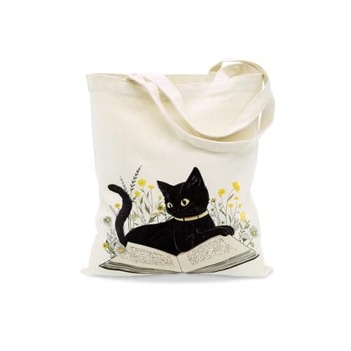 Image of Avezano Cute Black Cat Floral Canvas Tote for Women, Girls - Reusable Aesthetic Shopping, Work, Travel Bag
