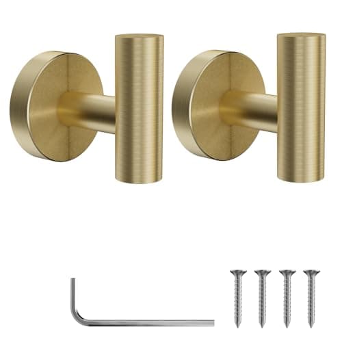 Image of YUET 2 Pcs Bathroom Towel Hook,Screw in Metal Coat Hooks, Heavy Duty 10kg Capacity, Brushed Brass Robe Hook SUS 304 Stainless Steel Door Hanger Towel Robe Clothes Closet Sponges Holder