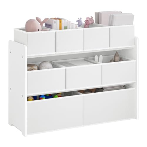 Image of Lestarain Kids Storage Unit with 9 Toy Boxes - Kids Toy Organiser for Playroom & Bedroom, White, MDF+Fabric, 92x30x60/68cm