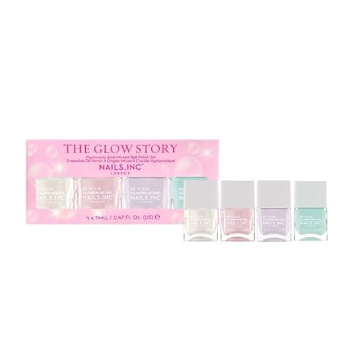 Image of Nails Inc The Glow Story Nail Polish Set, Hyaluronic Acid, Glossy, No Chip, Long Lasting, Quick Dry, Air Dry, Professional Manicures & Pedicures, Fingernails & Toenails, Vegan Nail Polish, 4 Piece Set