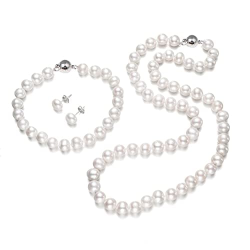 Image of Treasure Bay AA Grade Natural 7mm White Freshwater Pearl Necklace Bracelet Earrings Women's Pearl Jewellery Set(18 In)