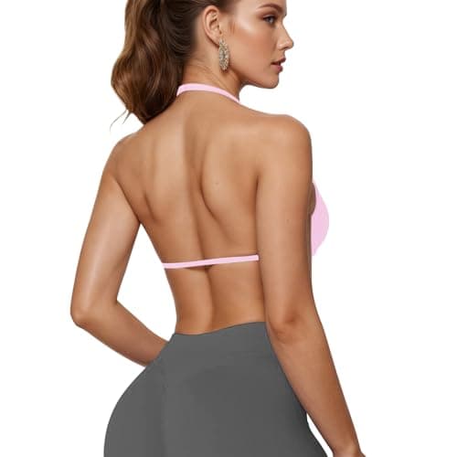 Image of JN JANPRINT Workout Sports Bras for Women Strappy Halter Neck Running Bra Padded Backless Seamless Bralette Gym Yoga Bras Pink