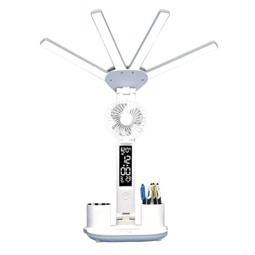 Image of LED Desk Lamp with Fan for Home & Office, 4-Head Bright Adjustable Table Lamp, Folding Desk Light with Clock & Date Display, Modern Study & Work Lamp