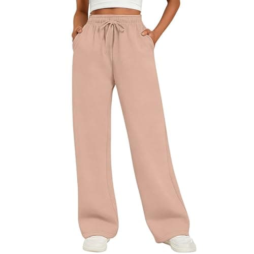 Image of Women's Petite Pants Fleece Baggy Sweatpants with Pockets Wide Straight Leg High Waist Joggers Beige M