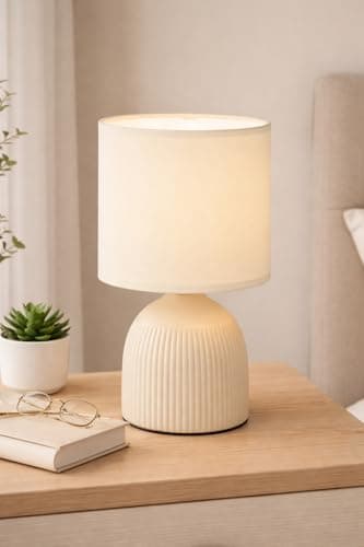 Image of Mini Ribbed Bedside Lamp,Modern Table Light with Textured Ribbed Base, Small Nightstand Lamp for Bedroom, Desk, Shelf or Living Room Décor-A61 (Cream)