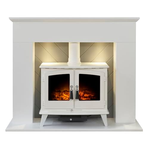 Image of Adam Corinth Stove Fireplace in Pure White& Grey with Downlights & Woodhouse Electric Stove in White, 48 Inch