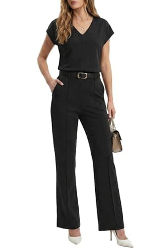 Image of GRECERELLE Tracksuit Womens Full Set Airport Lounge Wear Sets 2 Piece Ladies Tracksuits Business Casual V Neck Tops and Jogging Bottoms with Pockets (Black, L)