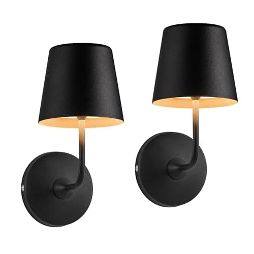 Image of NEWSEE Wireless Wall Lights Set of 2, Small Battery LED Wall Sconces, 5000mAh Rechargeable with Touch Control, Dimmable & Waterproof, Metal Shade Lamp for Garden, Bedroom, Bathroom, Hallway (Black)