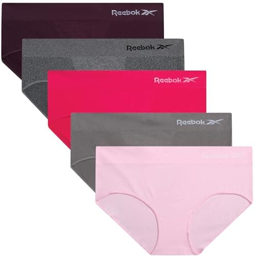 Image of Reebok Hipster Panties for Women - 5 Pack Stretch Performance Seamless Underwear with Relaxed Tag-Free Waistband (S-XL), Size Large, Heather Grey/Pink Lady/Sharkskin/Rasberry/Plum