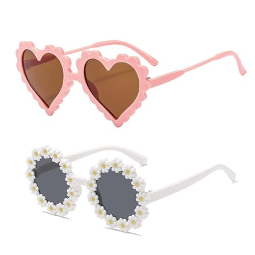 Image of ZALAOR 2Pcs Kids Sunglasses for Girls: Durable UV Protection Sunglasses - Cute Flower and Pink Heart Eyeglasses - Summer Eyewear for Outdoor, Beach, Travel, and Party Wear