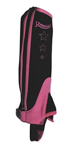 Image of Rhinegold CHILDREN’S HALF CHAPS, Pink, Size M – Synthetic Horse Riding Gaiters with Elasticated Fit, Durable Zip & Sparkly Star Design – Pony & Equestrian Wear