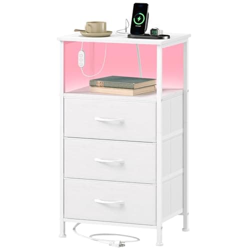 Image of Somdot 3 Drawers Chest of Drawers for Bedroom with Charging Station and LED Light, Bedside Table with 2 Outlets and 2 USB Ports, Bed Side Table Cabinet for Dorm Kids Room Closet, White Leather