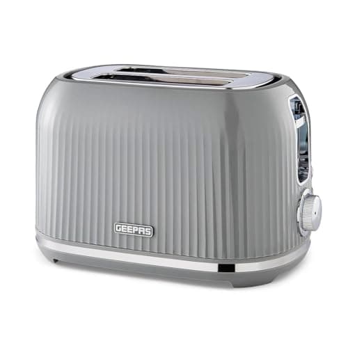 Image of GEEPAS 2 Slice Toaster | 6 Browning Levels Cancel Defrost Reheat | for Thin Small Bread Slice Removable Crumb Tray Cool Touch Housing High Lift | Space-Saving Design | 2 Yr Warranty 1000W Grey Fluted