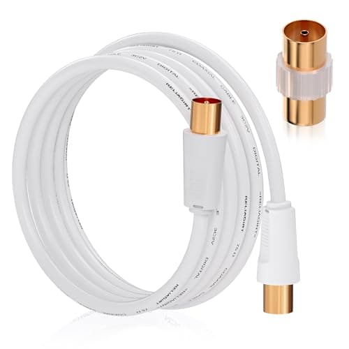 Image of RELIAGINT TV Aerial Cable 2m, 75 Ohm Coaxial Lead, IEC 9.5mm Male to Male 3C2V Pure Copper Dual Shielded, Straight Connector, Female to Female Adaptor Included, White