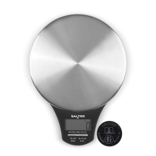 Image of Salter Digital Kitchen Scale – Food Scales, Kitchen Weighing Scales, 5kg Capacity, Stainless Steel Platform, Measure Liquids, Add & Weigh, Tare/Zero Function, 1 x CR2032 Battery Included, 1035 SSBKDR
