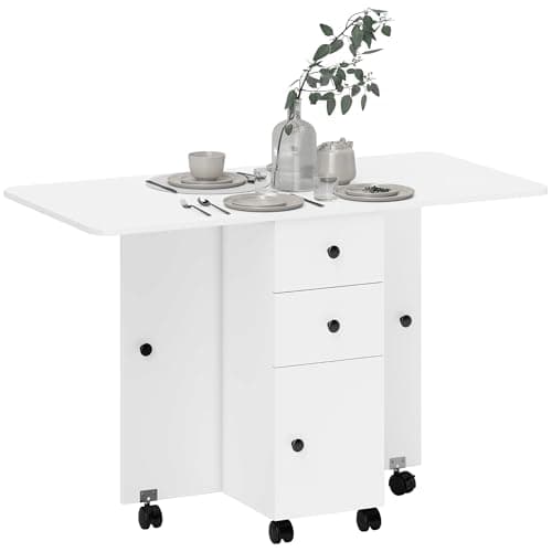 Image of HOMCOM 60-120 cm Folding Dining Table for 4-6, Rolling Drop Leaf Table on Wheels with Storage Drawers, Cabinet and Open Shelf for Small Spaces, Kitchen, Dining Room, Flat, White