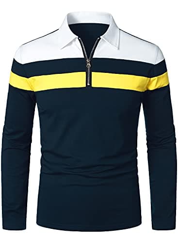 Image of HOOD CREW Mens Casual Long Sleeve Polo Shirts Contrast Color Patchwork Cotton Tee Tops Navy