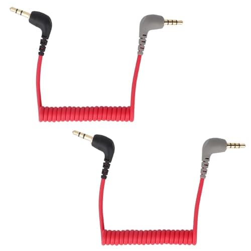Image of BTFO 2pcs 3.5mm TRS Microphone Cable, Coiled Male to Male Audio Patch Cord Compatible with DSLR Cameras DJI Mic 2 & Rode Microphone Wireless Pro Accessories (Red, Black, Gray)