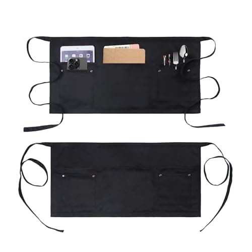 Image of MIKI WELL Waitress Apron with 5 Pockets - Black Waist Apron Short Half Work Aprons for Waitress Waiter Women Men Chef (Black-2 Pack)