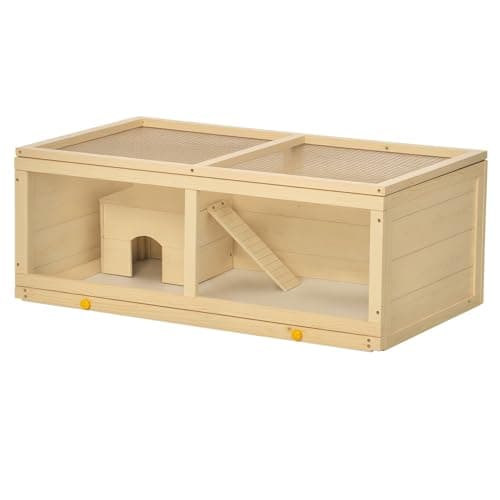 Image of PawHut Wooden Hamster Cage, Small Animal Cage with Sliding Tray, Openable Top, Hut, Exercise Play House for Syrian Hamsters, Natural Wood Finish