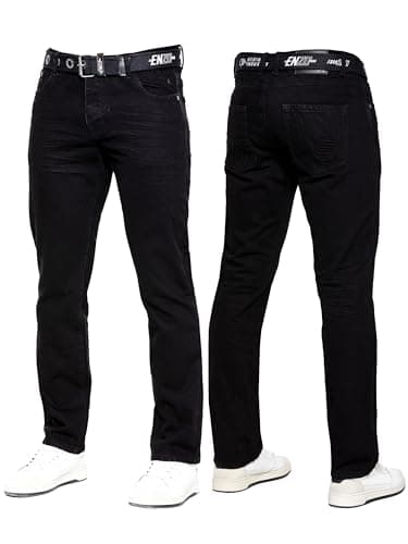 Image of 989Zé ENZO Mens Jeans Classic Straight Leg Casual Cotton Regular Fit Denim Pants Free Belt EZ384 Black 38W / 30L