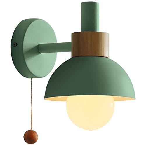 Image of TPWEWRX Wall Sconce Lamps Lighting Fixture with Pull Cord Switch, Solid Wood Macaron Wall lamp Bedside Wall Lights for Living Room Aisle Children's Kid's Bedroom (Green)