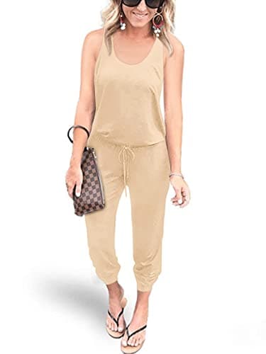 Image of REORIA Women Summer Casual Sleeveless Jersey Jumpsuits Elastic Waist Loose Jumpsuit Vacation Rompers with Pockets Apricot Large