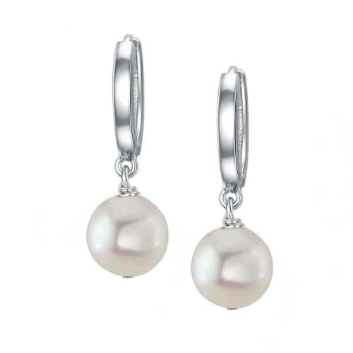 Image of TreasureBay Simple Classic Handmade Pearl Earrings for Women and Teen - 10 Mm White Pearl Earrings Dangle Drop Earrings Gold Plated Leverback (10 Mm White)