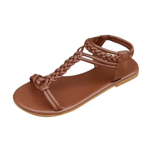 Image of Brown Ladies Spring Flat Sandals Round Toe Open Toe Beach Casual