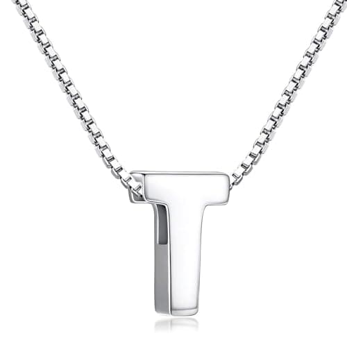 Image of Candyfancy 1.0mm 18 inch 925 Sterling Silver 26 Small Letters Alphabet A-Z Initial Pendant Box Chain Necklace (T with Chain)