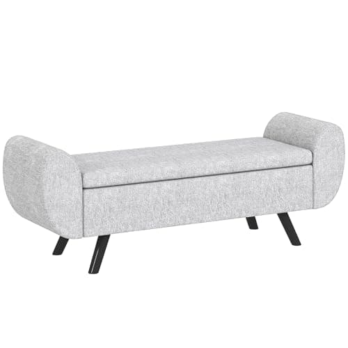 Image of HOMCOM Storage Ottoman with Armrest, Upholstered Linen Storage Bench, Window Seat with Rubberwood Legs, Footstool for Bedroom Living Room, Hallway, Light Grey