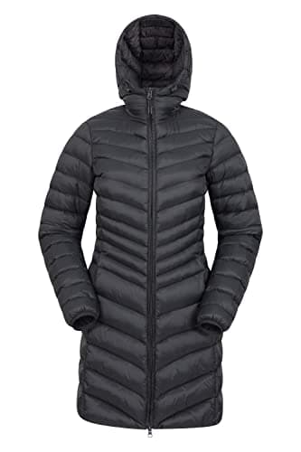Image of Mountain Warehouse Florence Womens Long Padded Jacket - Lightweight, Water Resistant Puffer Rain Coat, Warm -30C Heat Rating - Autumn, Winter, Outdoor Jet Black Women's Size 8