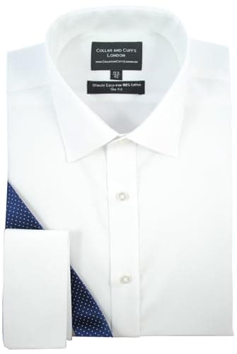 Image of Men's Long Sleeve Twill Shirt - 100% Cotton - Ultimate Easy Iron - Fit Guaranteed - Business Formal Smart Casual - White Shirts for Men - Slim Fit, Double Cuff - Plain Pattern - WS 15