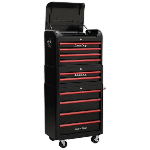 Image of Sealey AP28COMBO2BR 10 Drawer Retro Style Topchest, Mid-Box & Rollcab Combination - Black with Red Anodised Drawer Pulls