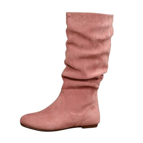 Image of Generisch Ladies Fashion Solid Color Pleated Suede British Style Mid Flat Sole Boots, pink, 8.5 UK