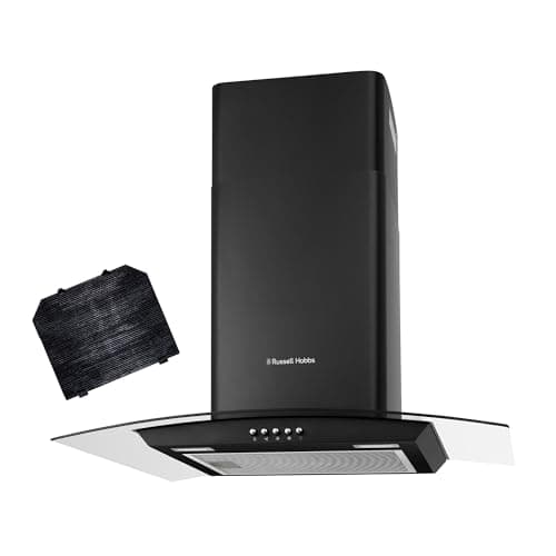 Image of Russell Hobbs 60cm Curved Glass Cooker Hood in Black with 3 Speed Settings, 1 x Carbon Filter, Extraction or Recirculation, 540m³/h Extraction Rate, LED Lights, A+ Energy Rating, RH60GCH92A1B