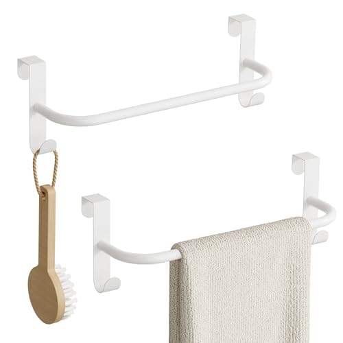 Image of SAYAYO Over Door Towel Rail White Tea Towel Holder with 2 Hanging Hooks for Cupboard Drawer Cabinet Kitchen Bathroom Heavy Duty Anti Slip Scratch Protecting Stripe, 2 Pack, 29CM