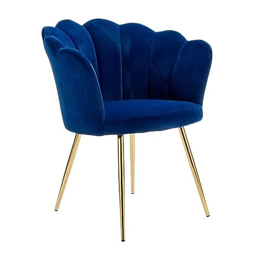 Image of Home Source Velvet Scallop Shell Chair Wing Back Armchair Occasional Sofa, Blue, Gold Legs
