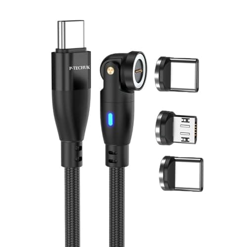 Image of P-TECHUK 60W Rotating Super Fast USB C Magnetic Charging Data Cable compatible with all Devices. A18 Black (2M Cable + 3 x Tips)