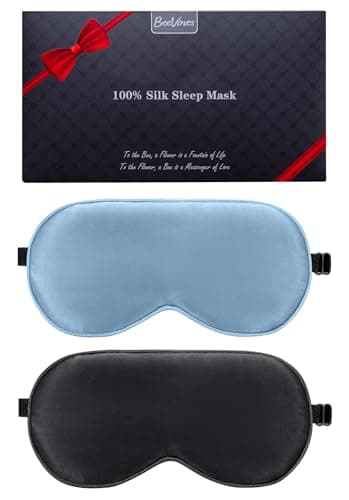 Image of BeeVines Silk Sleep Mask, 2 Packs 100% Real Natural Silk Eye Mask with Adjustable Straps Eye Sleep Mask, Summer Travel Eye Sleep Sunscreen to Reduce Puffiness (Black & Pastel Blue)