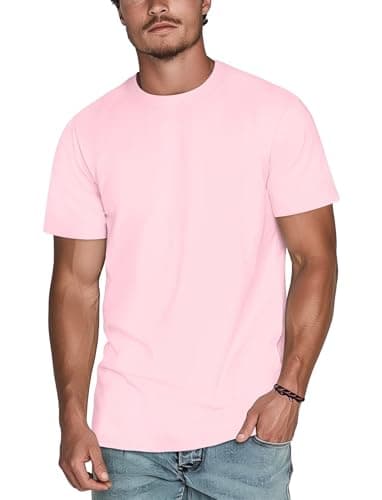 Image of Zengjo Men's Crew Neck T Shirt - Soft Cotton Blend Short Sleeve Tee - Regular Fit Plain Basic Top(Light Pink,M)