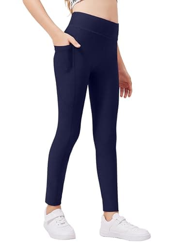 Image of Arshiner Girls Leggings Dark Blue High Waist Fitness Sport Tights Casual Thermal Pants Thin Fleece Lined Trousers with Pockets 130/7-8 Years