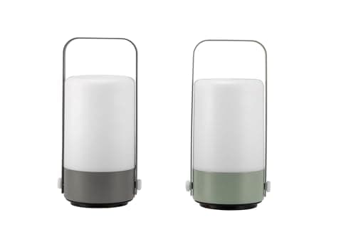 Image of Pauleen 48256 LED Lantern Mobile Charm Set of 2 IP44 Timer Battery Including 1 x 0.4 Watt Outdoor Light Grey Light Green Plastic 3000 K