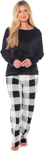Image of LIZZIE JACOBS Buffalo Check Pattern Women Pyjama Sets Super Soft Warm Cosy Teddy Fleece Ladies PJ's Snuggle Lounge Wear Fluffy Pyjama Set (UK, Alpha, L, Regular, Regular, Black)