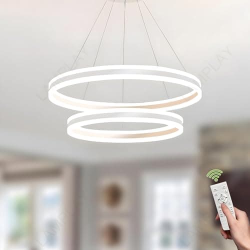 Image of LAMPLAY Round LED Modern Pendant Light, 2 White Ring Chandelier, Dimmable with Remote Control 3000K-6000K Ceiling Light, Height Adjustable, Foyer Living Room Bedroom Dining Kitchen Island (Ø40+60cm)